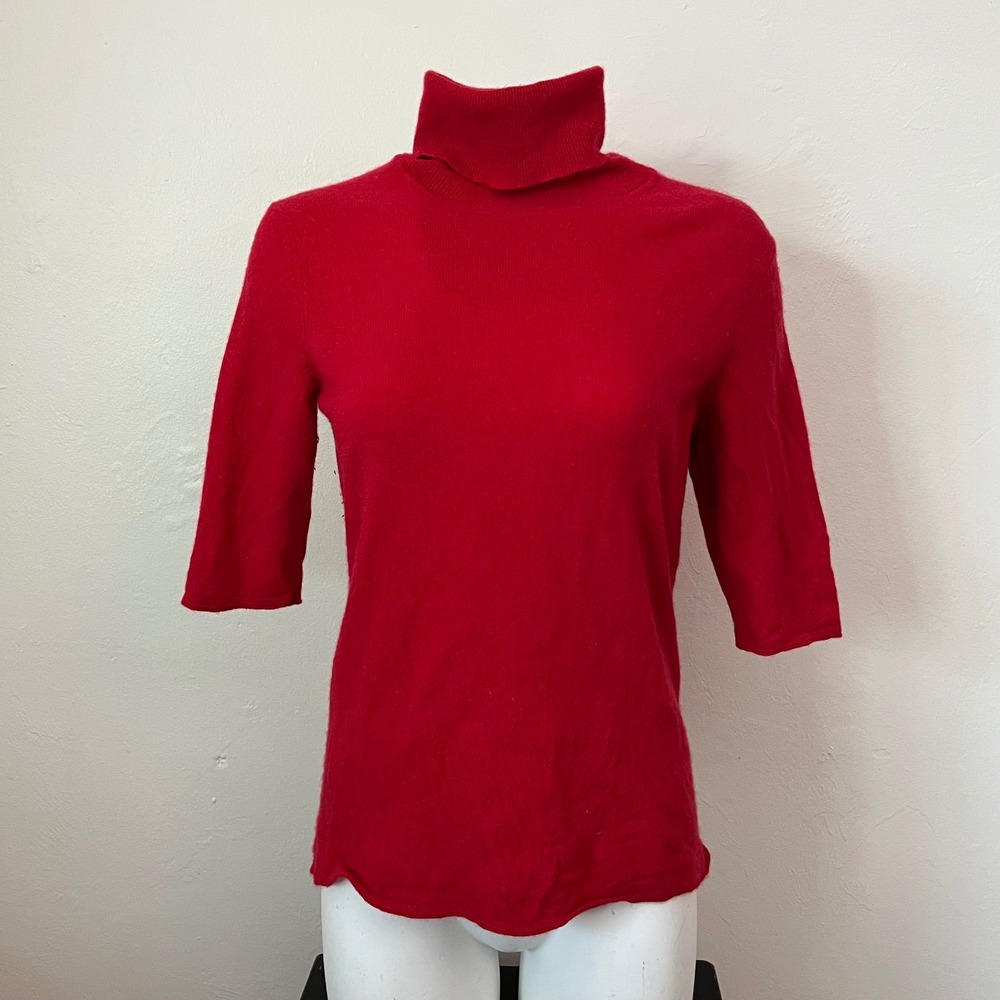 Magaschoni Cashmere Red Turtleneck Sweater Elbow Sleeve Womens